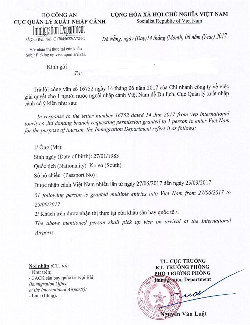 Vietnam visa Approval Letter Vietnam visa Approval Letter